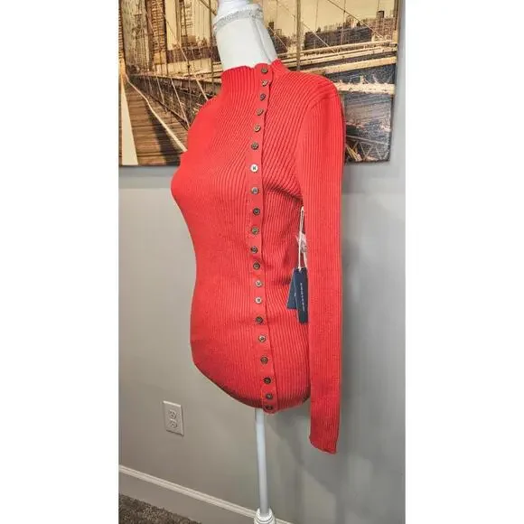 Nwt Court & Rowe Ribbed Button Sweater in Vibrant Red - Picture 2 of 6